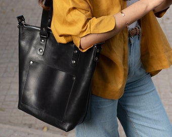 Crossbody Leather Tote with Zipper - Personalized Leather Tote For Women