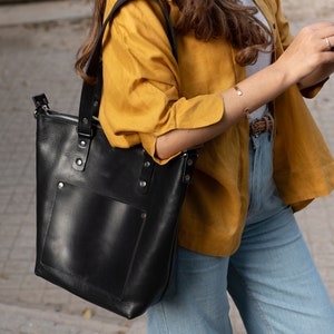 Cabas en cuir à bandoulière avec fermeture éclair - Cabas en cuir personnalisé pour femme