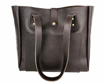 Fourre-tout en cuir pour femme, sac fourre-tout personnalisé en cuir pleine fleur avec poche extérieure à bouton-pression, sac seau monogramme, cadeaux de Noël pour elle