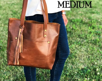 Leather Tote Bag w Zipper Outside Pocket Personalized Totes For Women Leather Anniversary Gifts Monogram Purse Bucket Bag Gifts For Her