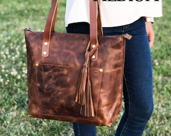 Leather Tote Bag For Women, Personalized Totes w Zipper Outside Pocket, Monogram Purse Leather Anniversary Gifts For Her