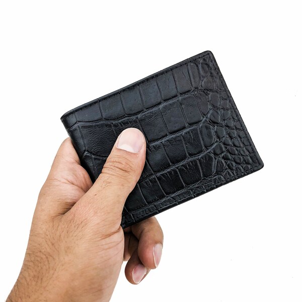 Crocodile Print Leather Wallet, Full Grain Leather Wallet, Groomsmen Gift, Croc Embossed Wallet Personalized, Black Leather Wallet Men