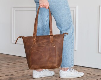 Crossbody Leather Tote Bag with Zipper and Outside Pocket Personalized Totes For Women Leather Anniversary Christmas Gifts For Her