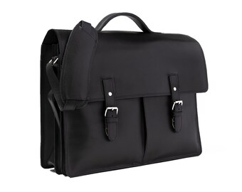 Large Black Leather Double Compartment Briefcase With Trolley Sleeve – ZLAY