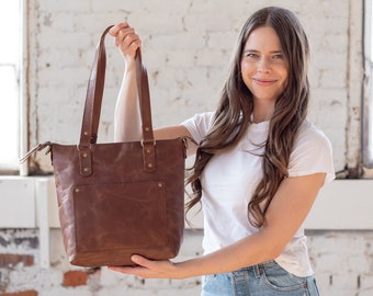 Leather Tote Bag Women, Crossbody Purse, Personalized Tote with Zipper, Anniversary Gifts For Her, Handmade Full Grain Leather Bucket Bag