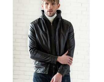 Leather Jacket For Men, Mens Winter Jacket with Removable Hood, Hooded Jacket Men, Lamb Leather Bomber Coat, Christmas Gifts For Men