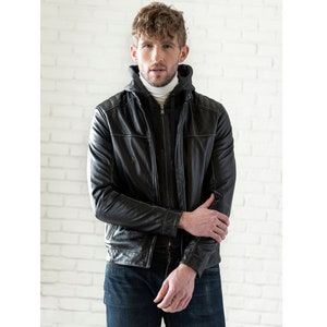 Veste en cuir pour homme, Veste d'hiver pour homme à capuche amovible, Veste à capuche pour homme, Blouson aviateur en cuir d'agneau, Cadeaux de Noël pour homme