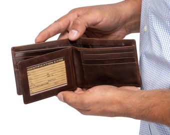 Billetera de cuero personalizada para hombre, billetera marrón plegable con monograma y documento de identidad, regalo de aniversario de cuero personalizado para él, esposo o novio