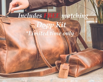 Free Dopp Kit, Christmas Sale, Personalized Full Grain Leather Weekender Travel Luggage Bag, Monogram Leather Duffle Bag, Gifts For Men