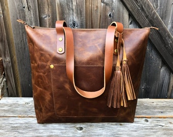 Leather Tote Bag Women, Personalized Leather Tote w Zipper Outside Pocket, Shoulder Bucket Bag Brown Purse, Christmas Gifts For Her, Hides