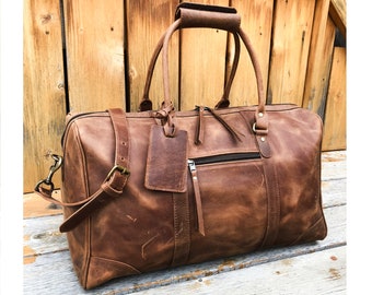 Leather Duffle Bag Men, Personalized Full Grain Leather Weekend Duffel, Monogram Leather Overnight Travel Bag, Christmas Gift For Him, Hides