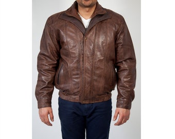 Vintage 80s Brown Leather Bomber Jacket W Zipper Shoulders