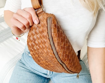 Womens Leather Bum Bag Full Grain Leather Waist Bag Fanny Pack Personalized Bumbag For Women Belt Bag Woven Pattern Festival Bags For Her
