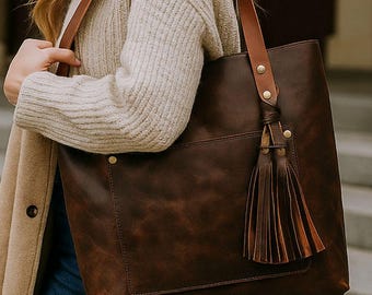 Personalized Leather Tote Bag for Women, Monogram Leather Tote Purse with Zipper Option, Everyday Carryall, Gift for Her, Birthday Gift