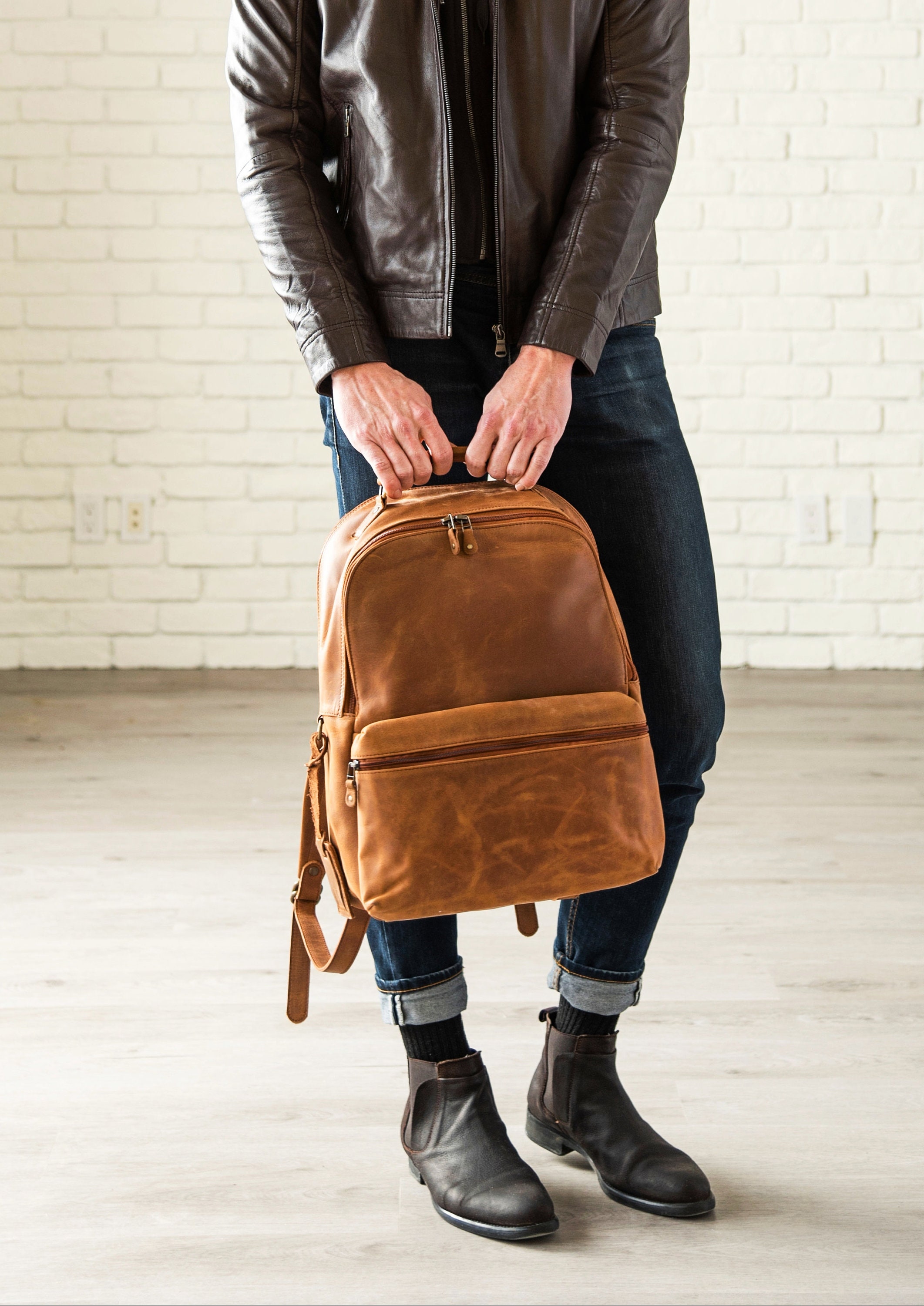 personalised leather rucksack