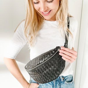 Leather Belt Bag For Women Personalised Bum Bag For Travelling Full Grain Leather Fanny Pack Woven Leather Crossbody Bags For Her Black - Black Lining