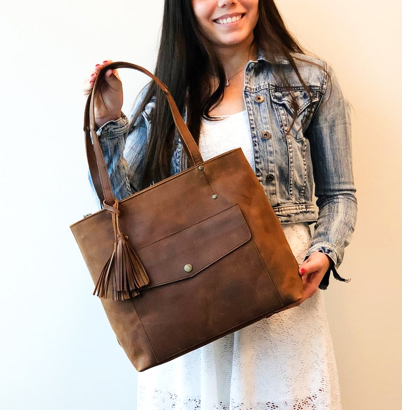 Leather Tote Bag Zipper Outside Pocket Totes Personalized Etsy