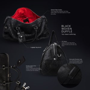 May include: Black woven leather duffel bag with a red cotton lining. The bag has a removable shoulder strap, YKK zippers, and a luggage tag pouch. "BLACK WOVEN DUFFLE Your classic duffle bag" text is visible on the image.