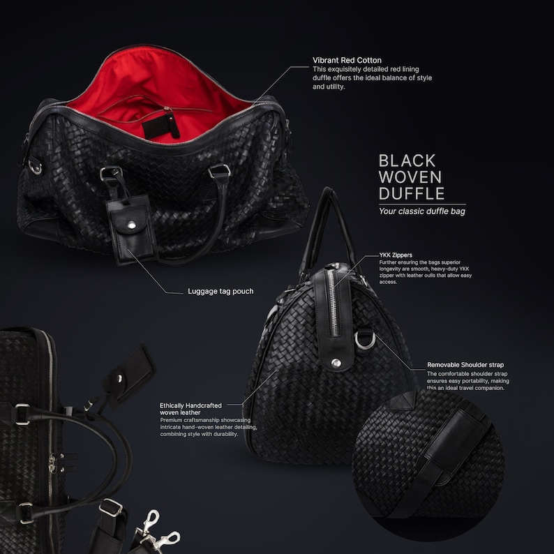 May include: Black woven leather duffel bag with a red cotton lining. The bag has a removable shoulder strap, YKK zippers, and a luggage tag pouch. "BLACK WOVEN DUFFLE Your classic duffle bag" text is visible on the image.