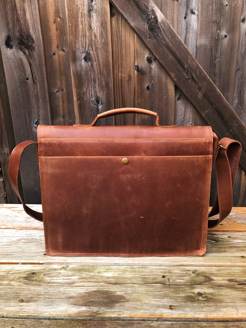 Leather Messenger Bag 16, Personalized Full Grain Leather Laptop Briefcase, Mens Brown Crossbody Bag Monogram, Christmas Gifts For Him image 6