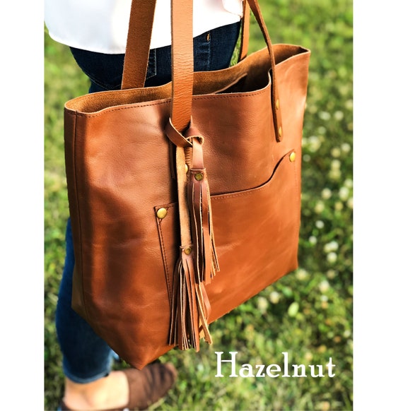 Leather Tote Bag For women, Full Grain Leather Purse with Zipper and Outside Pocket