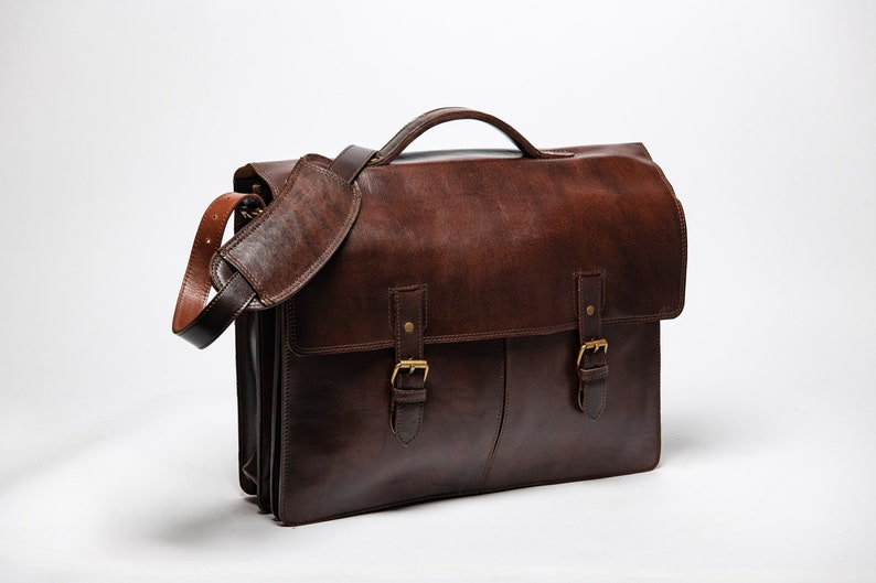 Leather Briefcase With Trolley Sleeve Full Grain Leather Etsy