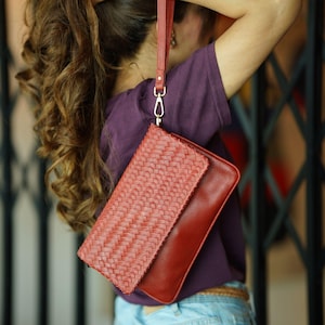 Cherry Red Leather Shoulder Bag – Handmade Boho Clutch Crossbody For Women - Christmas Gifts For Her