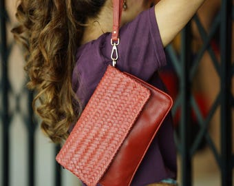Cherry Red Leather Shoulder Bag – Handmade Boho Clutch Crossbody For Women - Christmas Gifts For Her