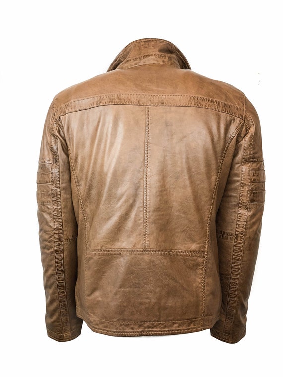 Lamb Leather Jacket Men Cognac Removable Collar Brown Sheep Napa