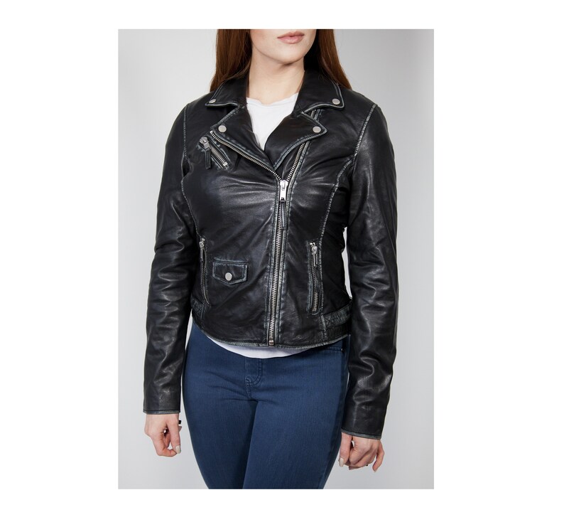Leather Jacket Women Motorbike Black Lamb Handmade Vintage
