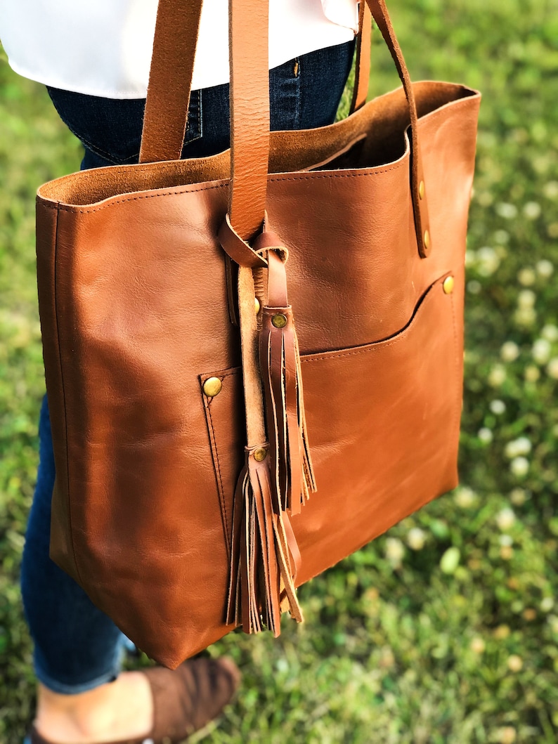 Leather Tote Bag Personalized Tote w Zipper Outside Pocket | Etsy