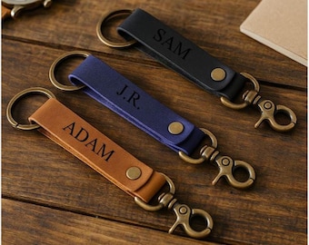 Personalized Leather Keychain, Full Grain Leather Key Ring, Handmade Custom Key Fob, Minimalist Key Holder, Gift for Him Her, key loop