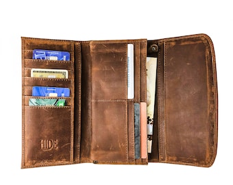 Personalized Full Grain Leather Trifold Wallet for Women - Fits Checkbook, iPhone, Cards - Minimalist Design, Cash Organizer - Ladies' Gift