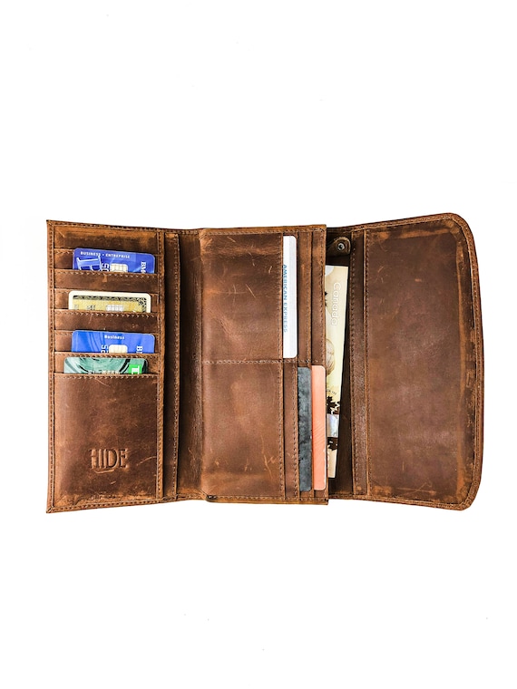 Personalized Full Grain Leather Trifold Wallet for Women - Fits Checkbook, iPhone, Cards - Minimalist Design, Cash Organizer - Ladies' Gift