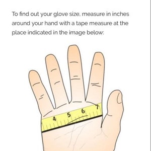 Puede incluir: Un diagrama que muestra c&oacute;mo medir la mano para el tama&ntilde;o del guante. Una mano con una cinta m&eacute;trica envuelta alrededor de la base de los dedos, mostrando medidas en pulgadas.