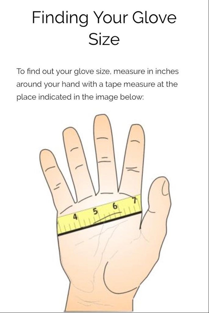Puede incluir: Un diagrama que muestra c&oacute;mo medir la mano para el tama&ntilde;o del guante. Una mano con una cinta m&eacute;trica envuelta alrededor de la base de los dedos, mostrando medidas en pulgadas.