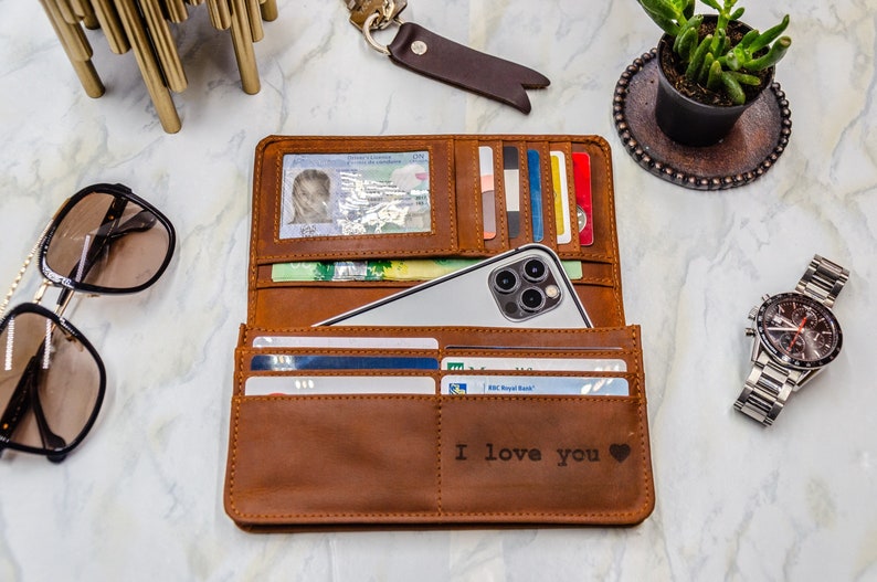 Personalized Leathet Wallet Women, Full Grain Leather Long Wallet with ID and Phone Compartment, Gifts For Her image 1