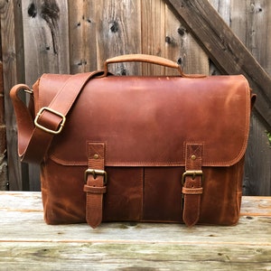 Leather Messenger Bag 16, Personalized Full Grain Leather Laptop Briefcase, Mens Brown Crossbody Bag Monogram, Christmas Gifts For Him image 1