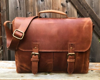 Leather Messenger Bag 16", Personalized Full Grain Leather Laptop Briefcase, Mens Brown Crossbody Bag Monogram, Christmas Gifts For Him