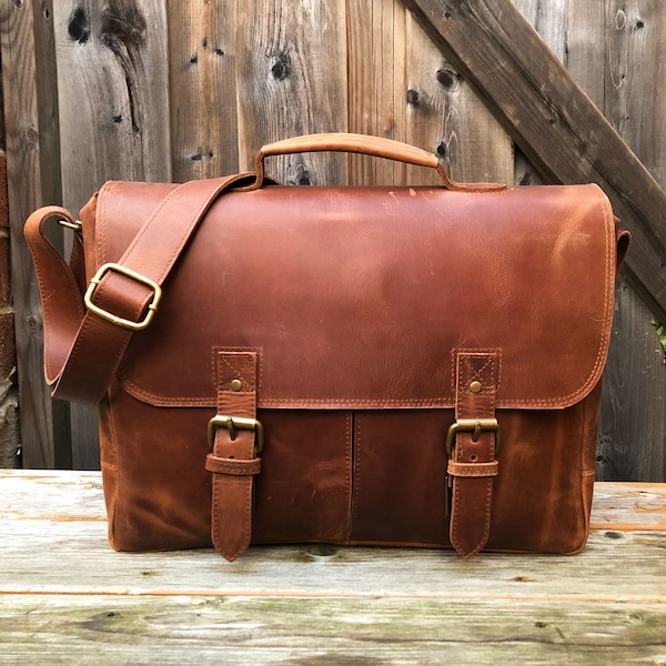Leather Messenger Bag 16", Personalized Full Grain Leather Laptop Briefcase, Mens Brown Crossbody Bag Monogram, Christmas Gifts For Him