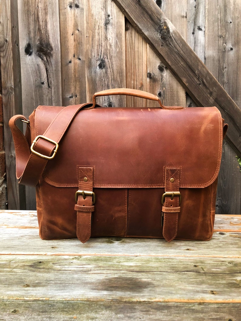 Leather Messenger Bag 16, Personalized Full Grain Leather Laptop Briefcase, Mens Brown Crossbody Bag Monogram, Christmas Gifts For Him image 1