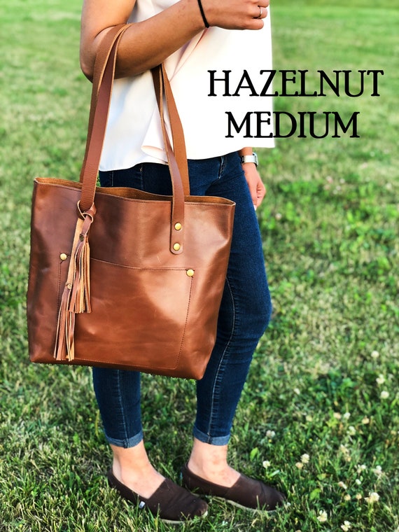 Leather Tote Bag W Zipper Outside Pocket Personalized Totes - Etsy