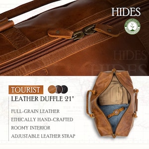 May include: A brown leather duffel bag with a zipper closure and an adjustable leather strap. The bag is 21 inches long and is made of full-grain leather. The bag is ethically hand-crafted and has a roomy interior.