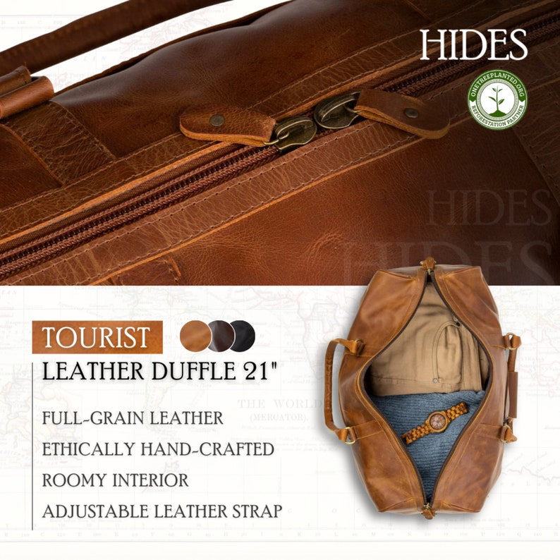 May include: A brown leather duffel bag with a zipper closure and an adjustable leather strap. The bag is 21 inches long and is made of full-grain leather. The bag is ethically hand-crafted and has a roomy interior.