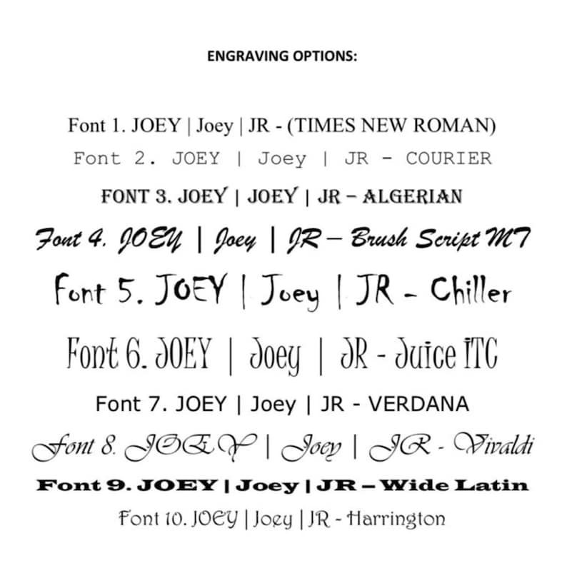 Może przedstawiać: Lista opcji czcionek do grawerowania, pokazująca imię "JOEY" w r&oacute;żnych czcionkach, w tym Times New Roman, Courier, Algerian, Brush Script MT, Chiller, Juice ITC, Verdana, Vivaldi i Wide Latin.