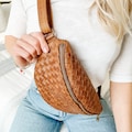 Womens Leather Bum Bag Full Grain Leather Waist Bag Fanny Pack Personalized Bumbag For Women Belt Bag Woven Pattern Festival Bags For Her