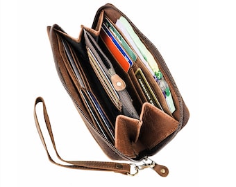 Leather Wallet Women, Zip Around Personalized Travel Wallet with removable Wristlet, Brown Engraved Custom Wallet, Christmas Gifts For Her