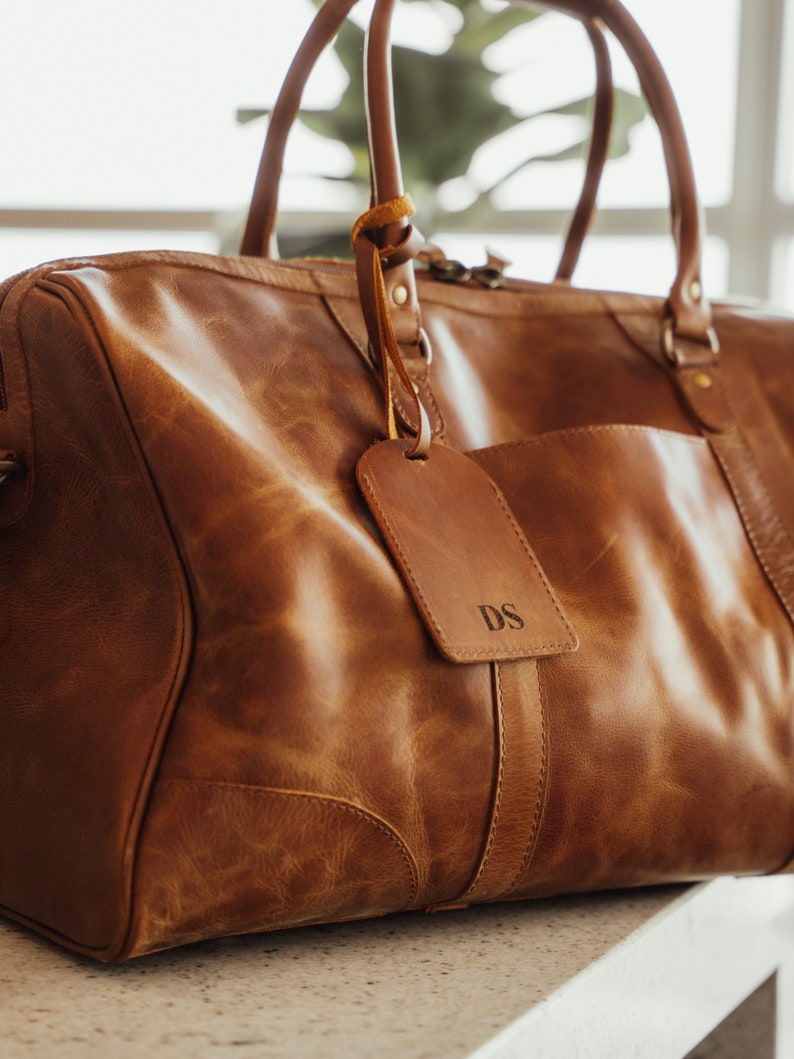 Personalized Leather Duffle Bag Men Monogram Duffel Full Grain Leather Weekender Travel Bag Groomsmen Gift Christmas Gifts for Him Boyfriend image 4