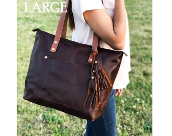 Leather Tote Bag Women, Personalized Tote Zipper Option Outside Pocket, Bucket Carryall Monogram Purse, Christmas Gifts For Her, Handmade