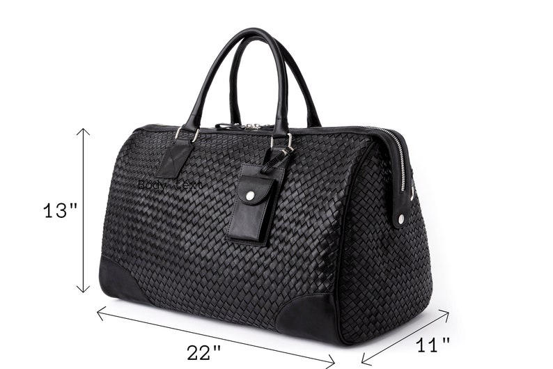May include: Black leather woven duffel bag with a top handle and a zipper closure. The bag measures 22 inches wide, 13 inches tall, and 11 inches deep.
